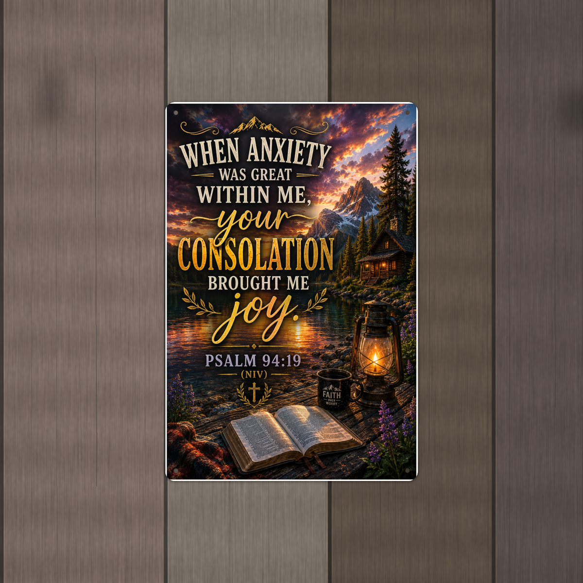 When Anxiety Was Great, Your Consolation Brought Joy - Psalm 94:19, Christian Metal Sign 8x12 & 12x18 — Alternate wall view