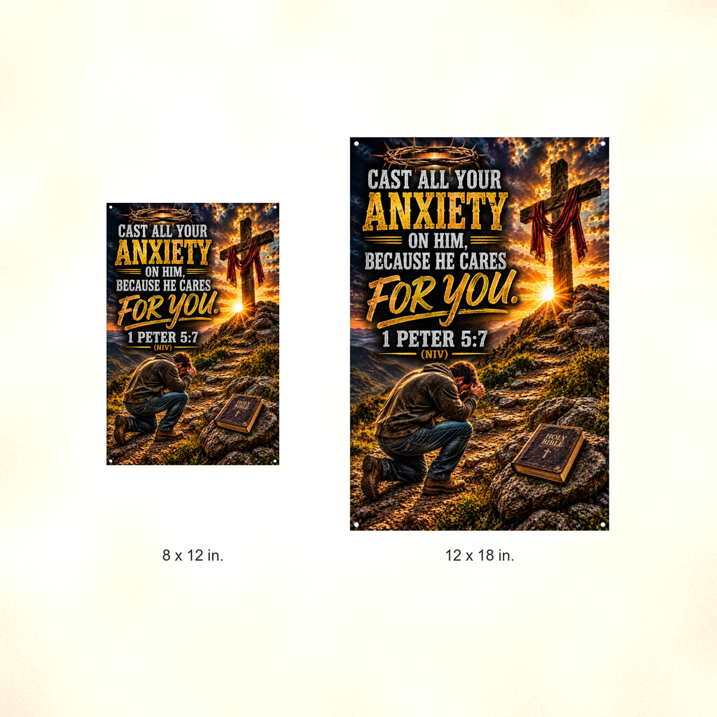 Cast All Your Anxiety On Him - 1 Peter 5:7, Christian Metal Sign 8x12 & 12x18 — Size options comparison