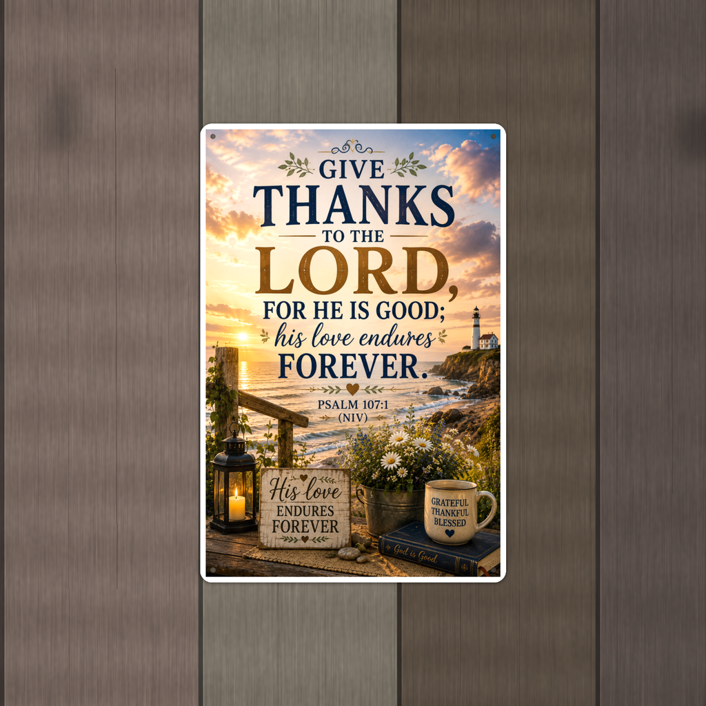 Give Thanks To The Lord For He Is Good - Psalm 107:1, Christian Metal Sign 8x12 & 12x18 — Alternate wall view