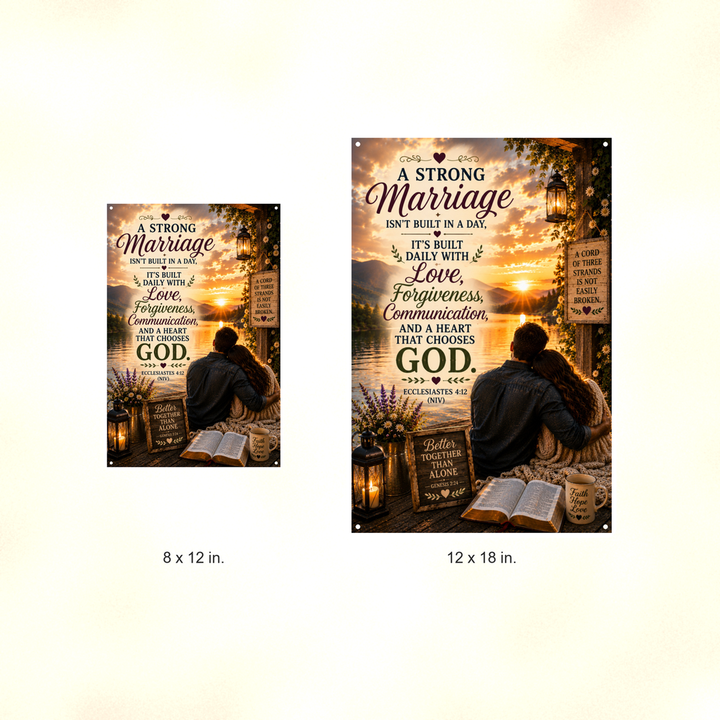 A Strong Marriage Isn't Built In A Day - Ecclesiastes 4:12, Christian Metal Sign 8x12 & 12x18 — Size options comparison