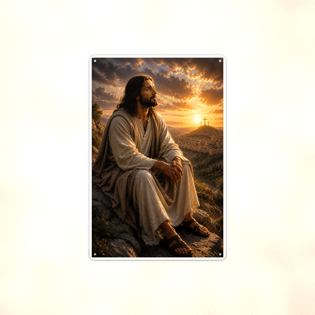 Jesus On The Hillside At Sunset - Christian Metal Sign 8x12 & 12x18 — Full product view
