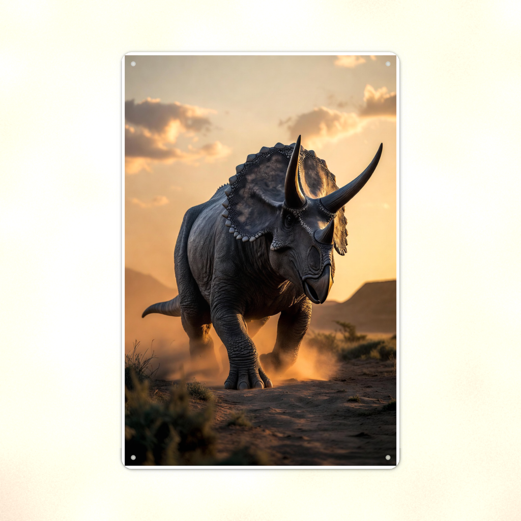 Triceratops Sunset Plains - Dinosaur Metal Sign 8x12 & 12x18, Aluminum Decor — Print detail