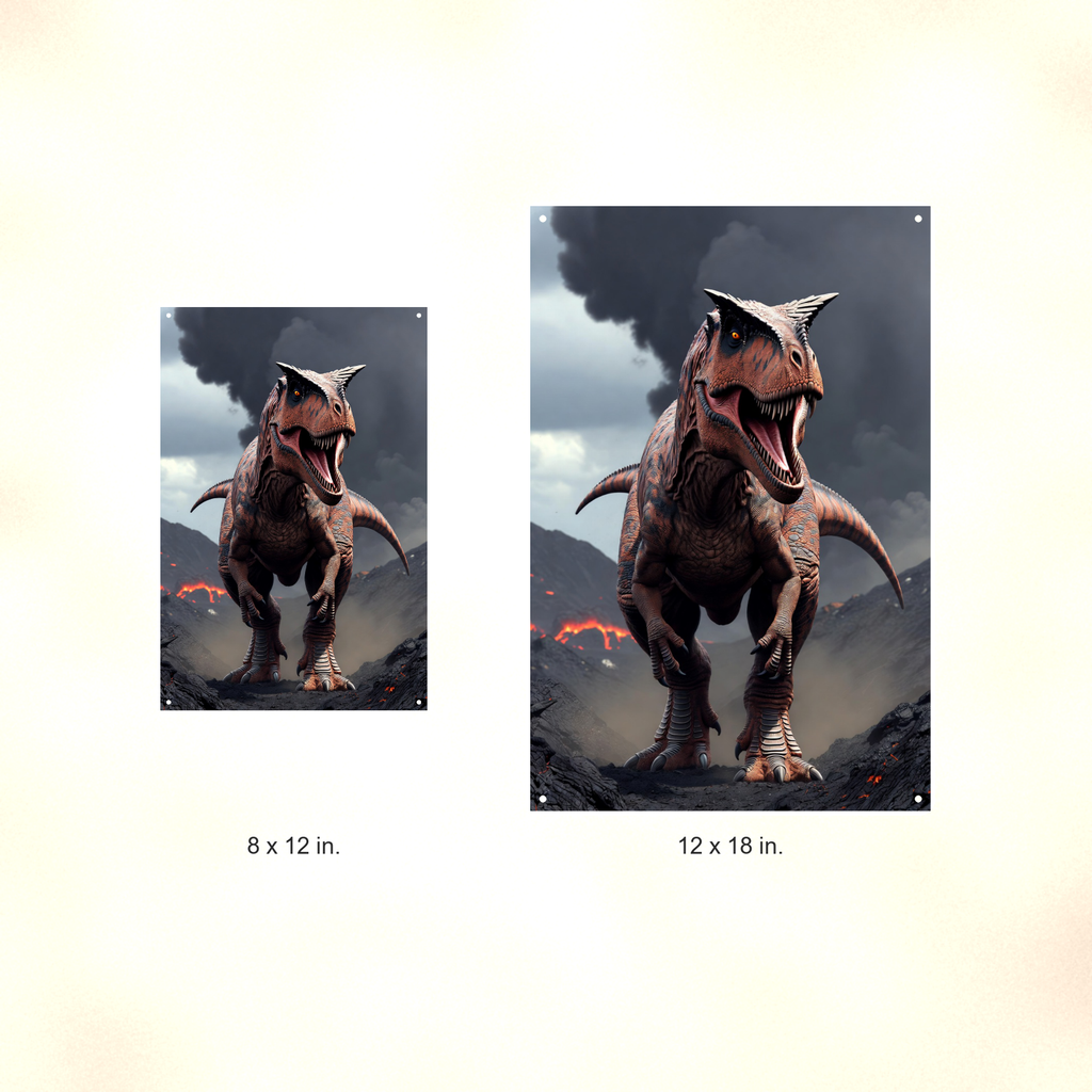 Carnotaurus Volcano Scene - Dinosaur Metal Sign 8x12 & 12x18, Aluminum Decor — Size options comparison