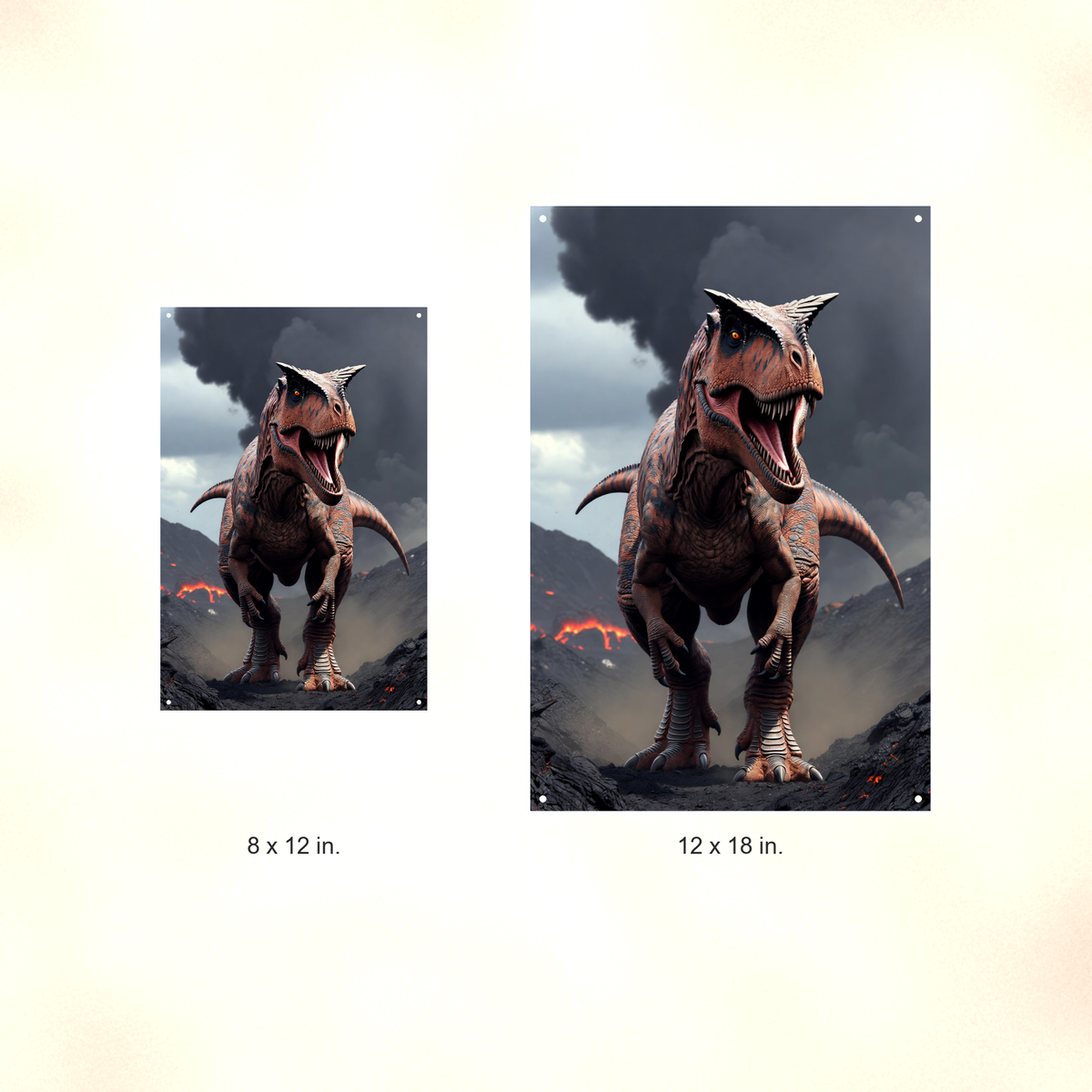 Carnotaurus Volcano Scene - Dinosaur Metal Sign 8x12 & 12x18, Aluminum Decor — Size options comparison