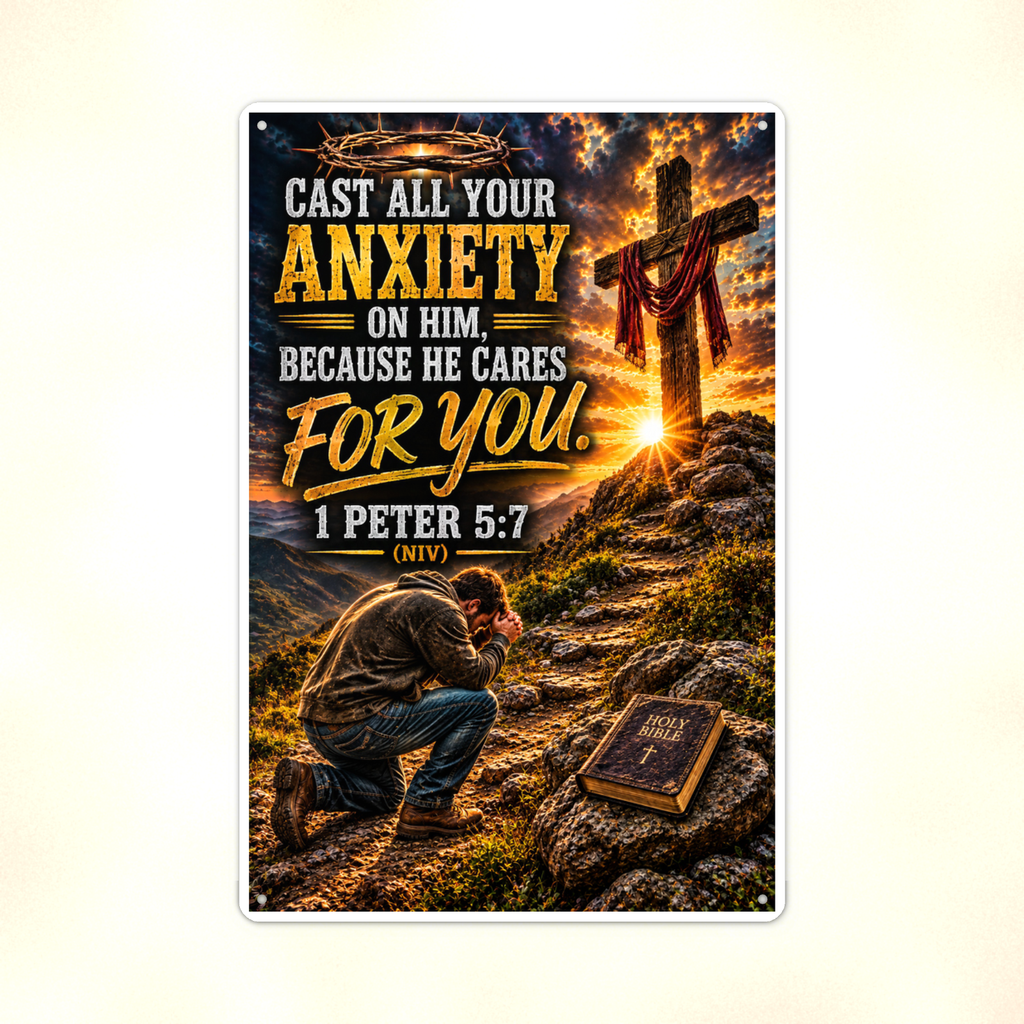 Cast All Your Anxiety On Him - 1 Peter 5:7, Christian Metal Sign 8x12 & 12x18 — Print detail