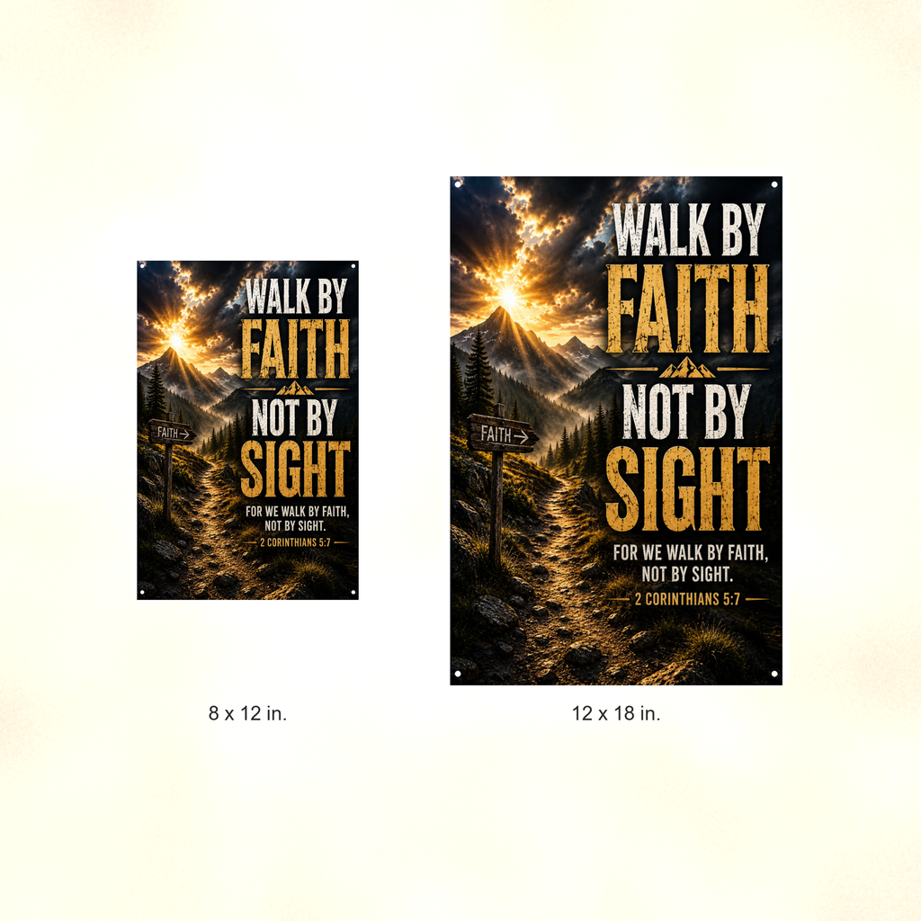 Walk By Faith, Not Sight - 2 Corinthians 5:7, Christian Metal Sign 8x12 & 12x18 — Size options comparison