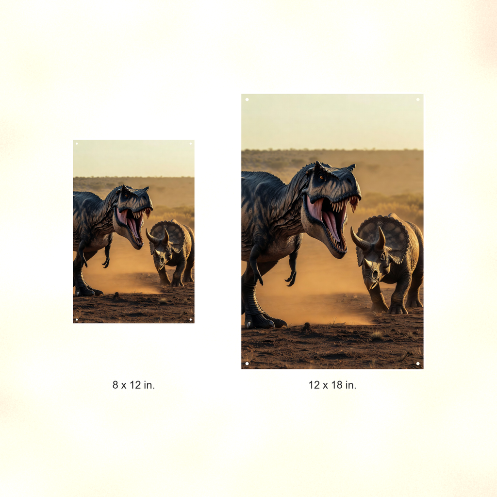 T-Rex Versus Triceratops - Dinosaur Metal Sign 8x12 & 12x18, Aluminum Decor — Size options comparison