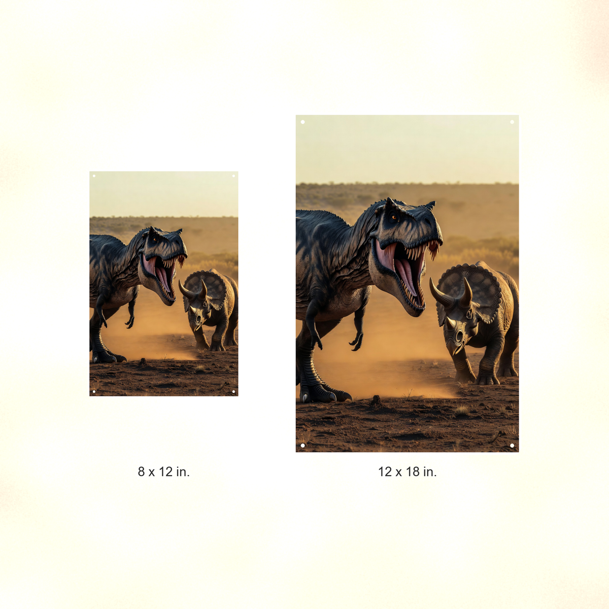T-Rex Versus Triceratops - Dinosaur Metal Sign 8x12 & 12x18, Aluminum Decor — Size options comparison