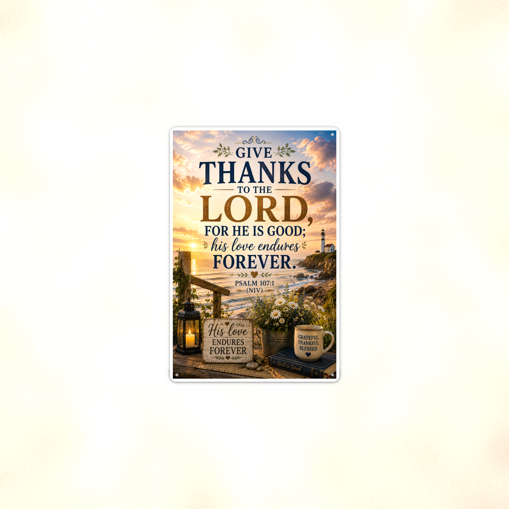 Give Thanks To The Lord For He Is Good - Psalm 107:1, Christian Metal Sign 8x12 & 12x18 — Context view