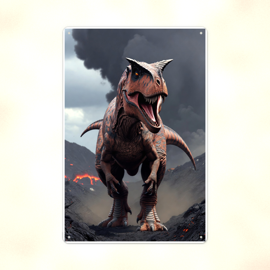 Carnotaurus Volcano Scene - Dinosaur Metal Sign 8x12 & 12x18, Aluminum Decor — Print detail