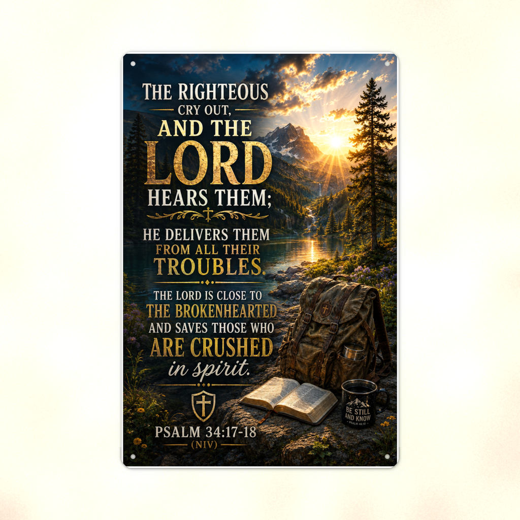 The Righteous Cry Out, And The Lord Hears Them - Psalm 34:17-18, Christian Metal Sign 8x12 & 12x18 — Print detail