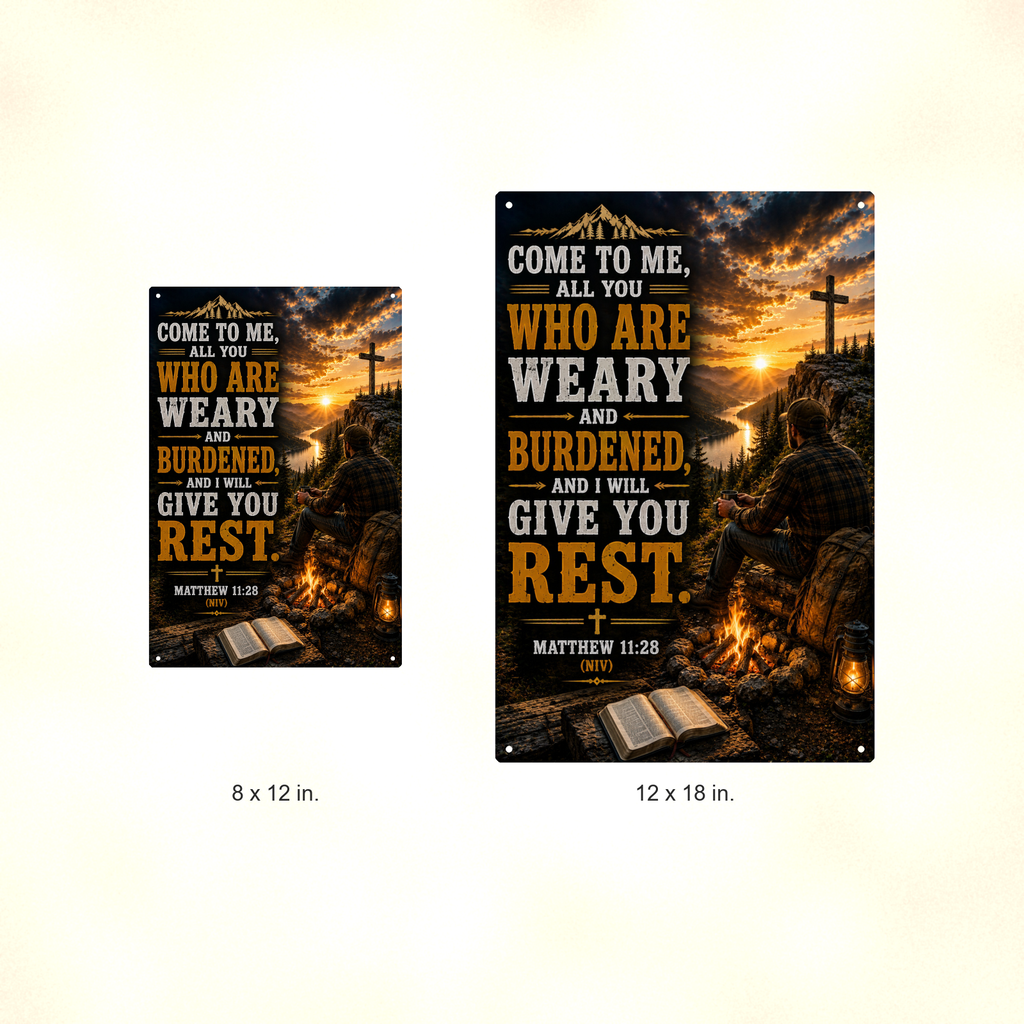 Come To Me, All Who Are Weary - Matthew 11:28, Christian Metal Sign 8x12 & 12x18 — Size options comparison