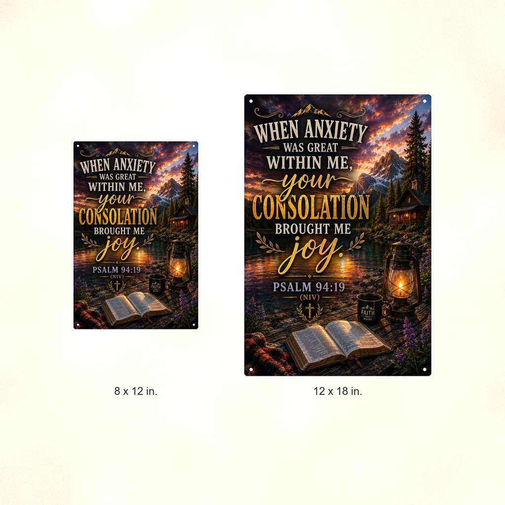 When Anxiety Was Great, Your Consolation Brought Joy - Psalm 94:19, Christian Metal Sign 8x12 & 12x18 — Size options comparison