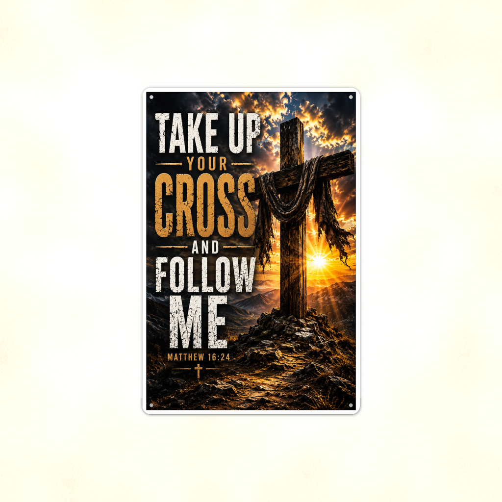 Take Up Your Cross And Follow Me - Matthew 16:24, Christian Metal Sign 8x12 & 12x18 — Full product view