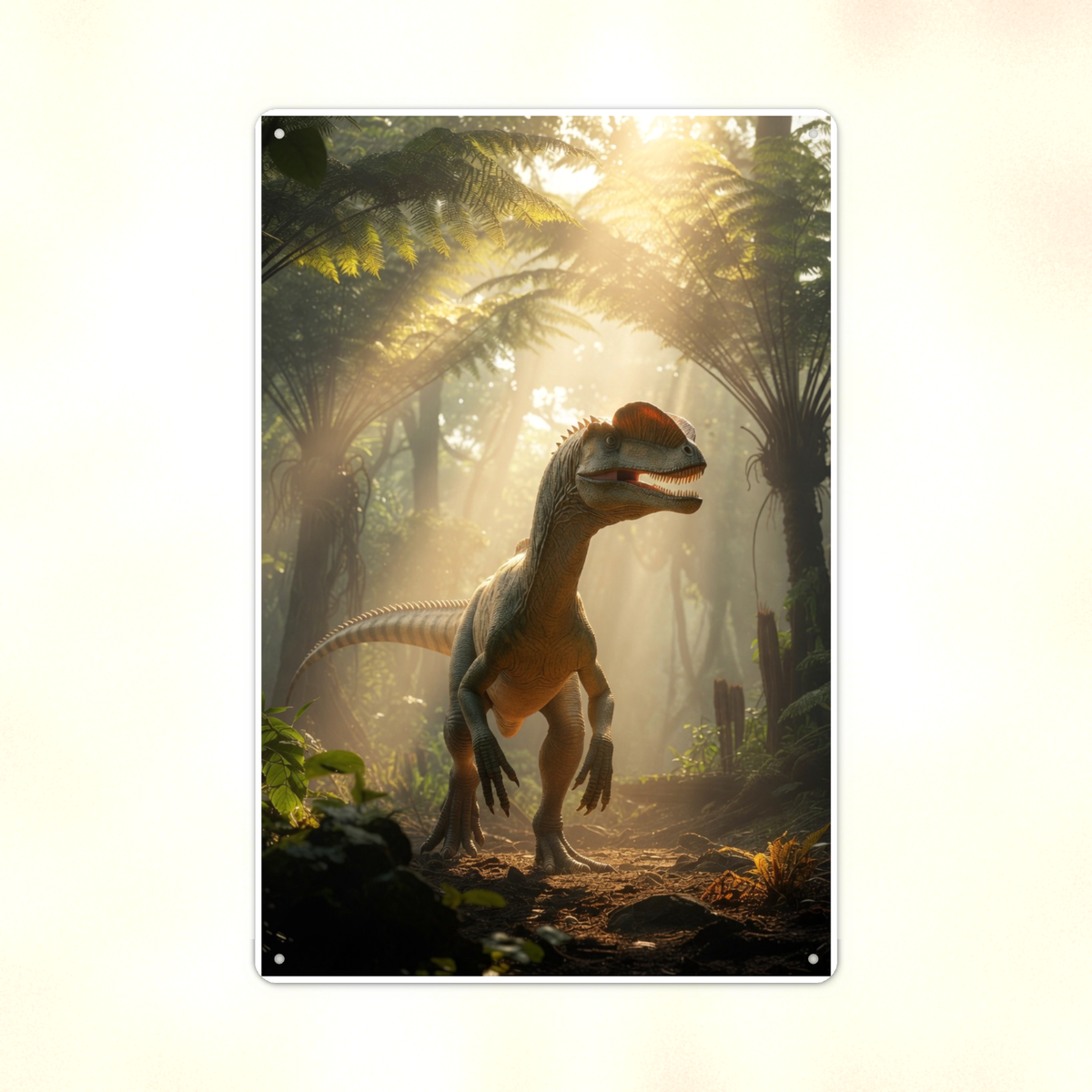 Dilophosaurus Jungle Scene - Dinosaur Metal Sign 8x12 & 12x18, Aluminum Decor — Print detail