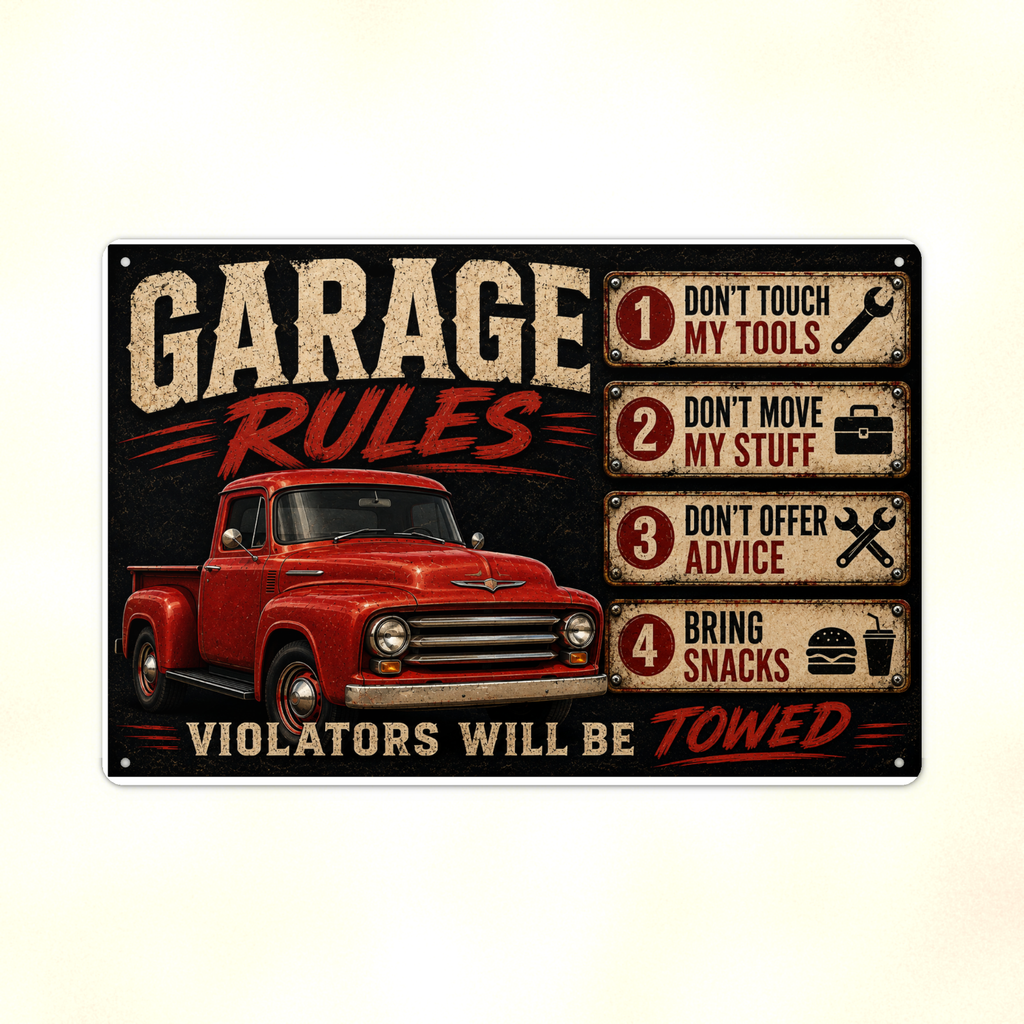 Garage Rules - Bring Snacks, Violators Towed, Funny Metal Sign 8x12 & 12x18 — Print detail