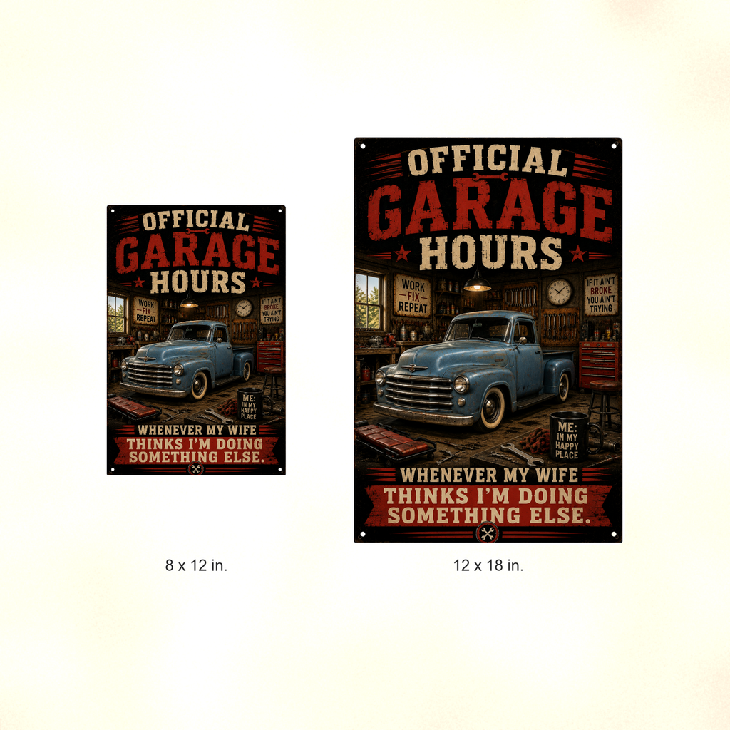 Official Garage Hours - Wife Thinks I'm Elsewhere, Metal Sign 8x12 & 12x18 — Size options comparison