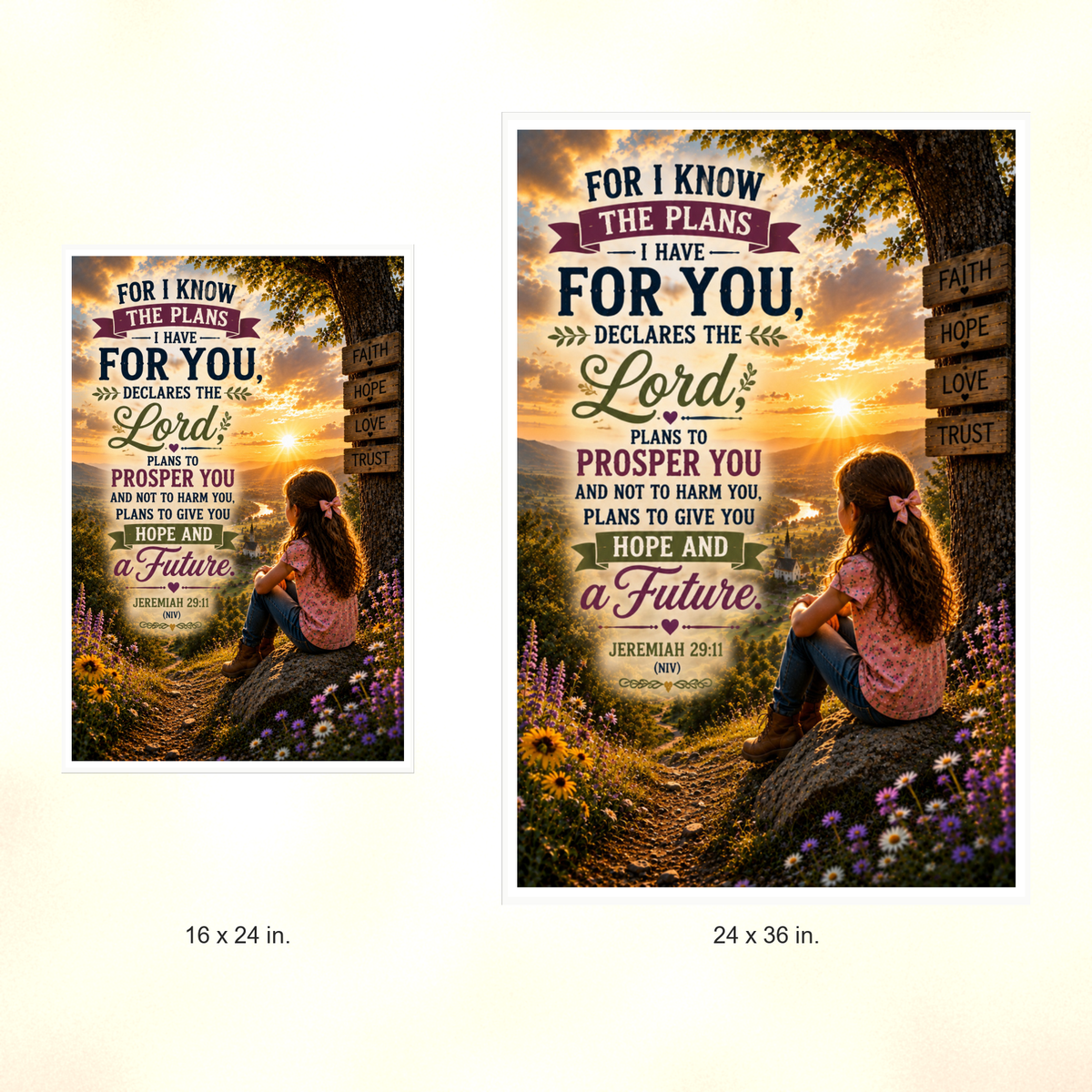Poster size comparison: 16 x 24 inches and 24 x 36 inches, unframed.