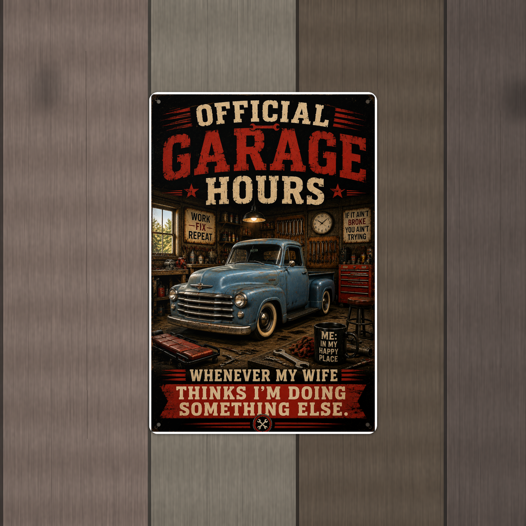 Official Garage Hours - Wife Thinks I'm Elsewhere, Metal Sign 8x12 & 12x18 — Alternate wall view