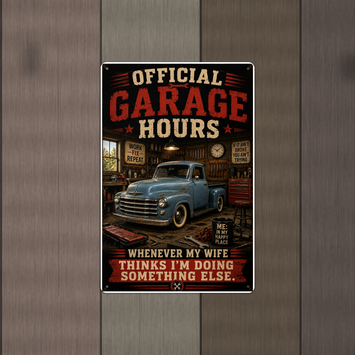 Official Garage Hours - Wife Thinks I'm Elsewhere, Metal Sign 8x12 & 12x18 — Alternate wall view