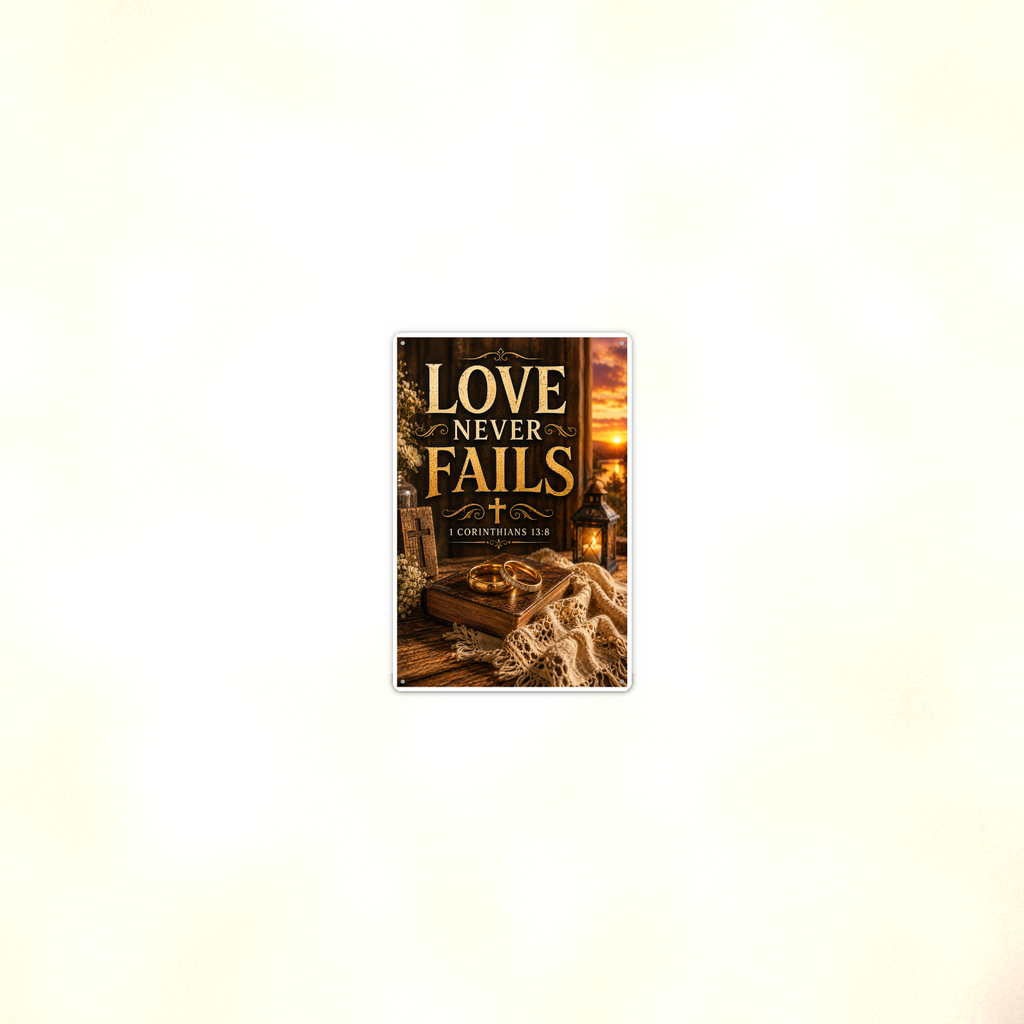 Love Never Fails - 1 Corinthians 13:8, Christian Metal Sign 8x12 & 12x18 — Room display