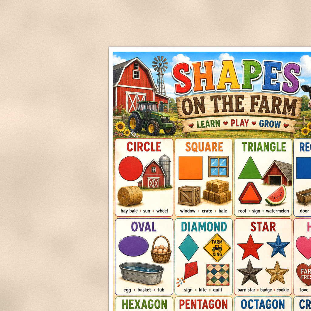 Shapes on the Farm Poster 16x24 & 24x36 - Psalm 139:14 Scripture, Kids Christian Wall Art, Homeschool Decor — Context view