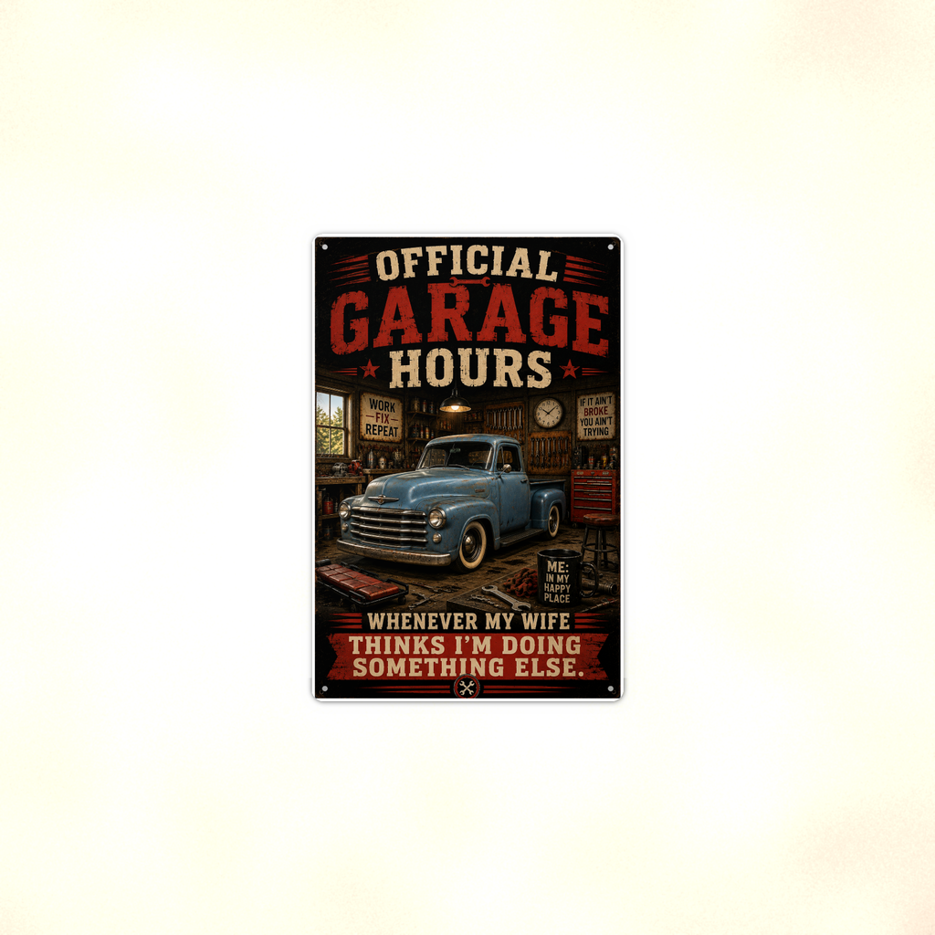 Official Garage Hours - Wife Thinks I'm Elsewhere, Metal Sign 8x12 & 12x18 — Context view
