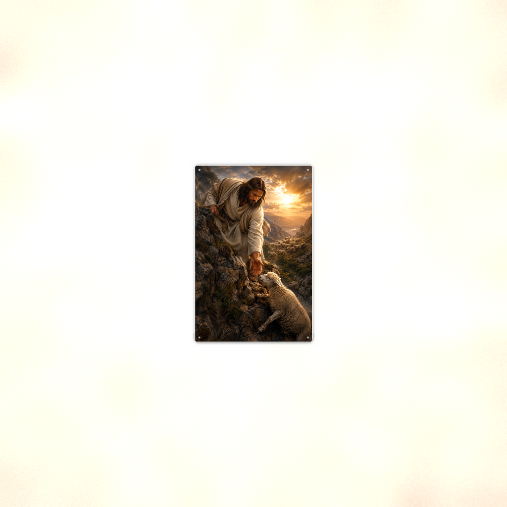 Jesus And The Lost Lamb - Christian Metal Sign 8x12 & 12x18 — Room display