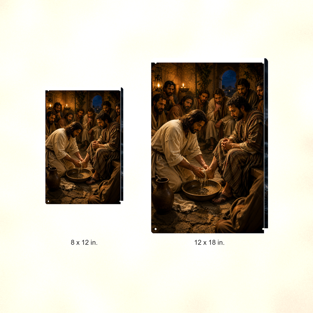 Jesus Washes A Disciple's Feet - Christian Metal Sign 8x12 & 12x18 — Size options comparison
