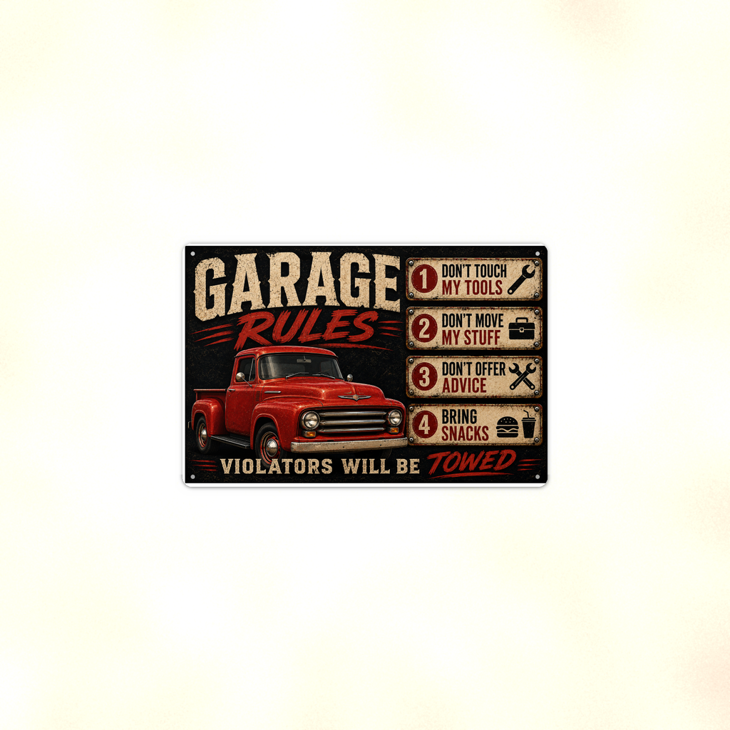 Garage Rules - Bring Snacks, Violators Towed, Funny Metal Sign 8x12 & 12x18 — Context view