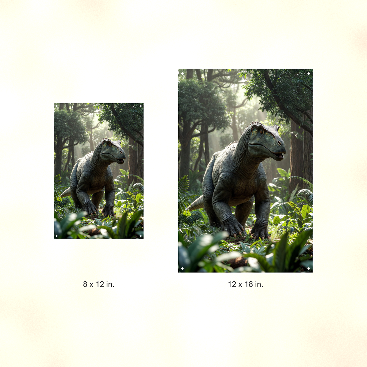 Horned Dinosaur Forest Scene - Metal Sign 8x12 & 12x18, Aluminum Decor — Size options comparison