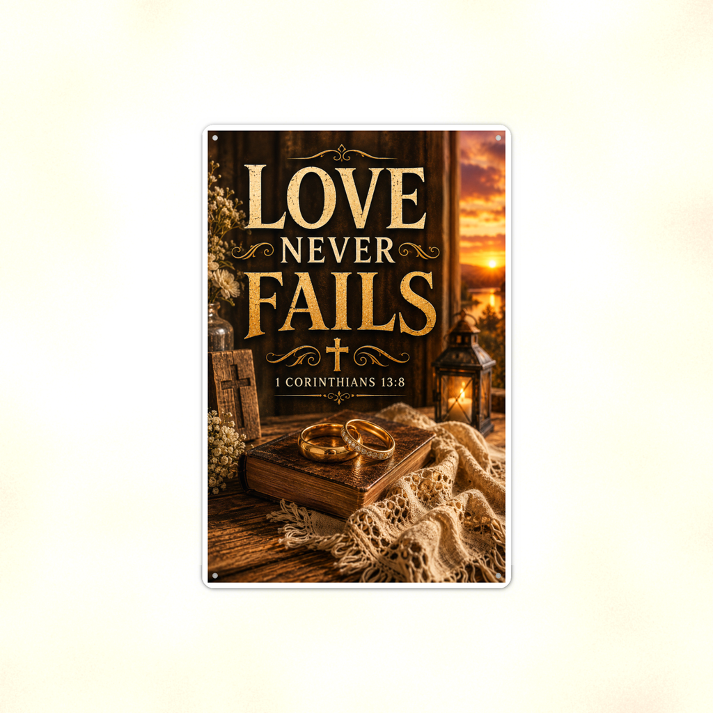 Love Never Fails - 1 Corinthians 13:8, Christian Metal Sign 8x12 & 12x18 — Full product view