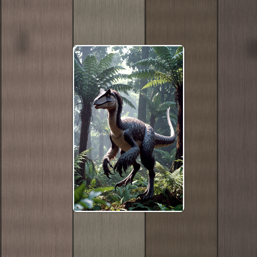 Feathered Raptor Jungle Scene - Dinosaur Metal Sign 8x12 & 12x18 — Alternate wall view