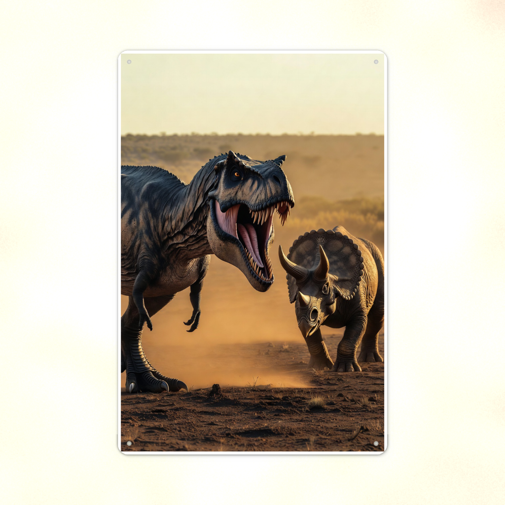 T-Rex Versus Triceratops - Dinosaur Metal Sign 8x12 & 12x18, Aluminum Decor — Print detail