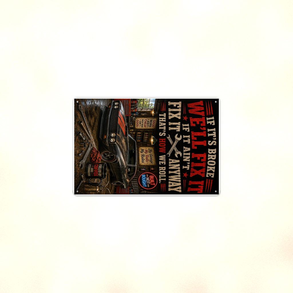 If Broke We'll Fix It Anyway - Funny Garage Metal Sign 8x12 & 12x18 — Context view