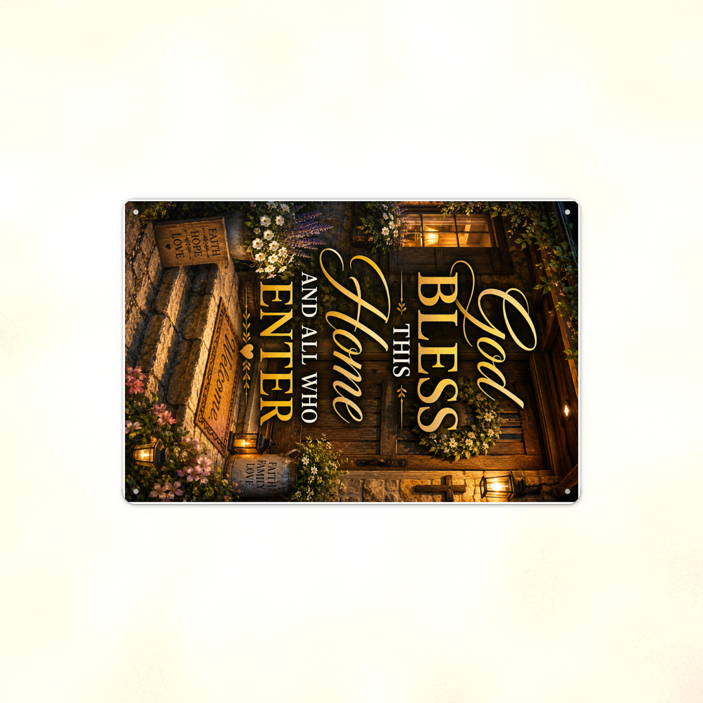 God Bless This Home And All Who Enter - Christian Metal Sign 8x12 & 12x18 — Full product view