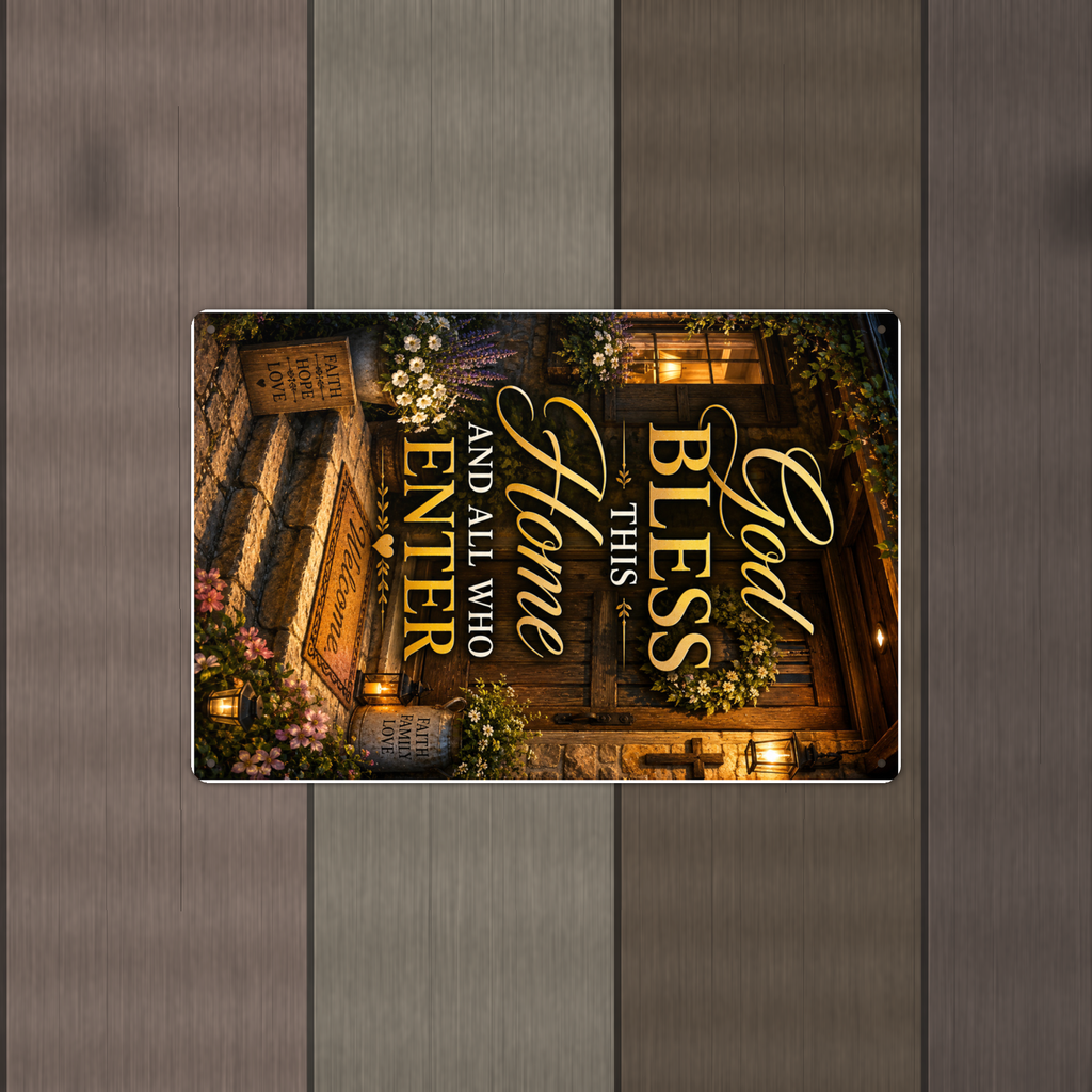 God Bless This Home And All Who Enter - Christian Metal Sign 8x12 & 12x18 — Alternate wall view