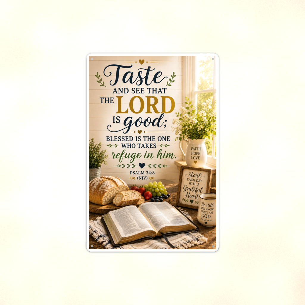 Taste And See That The Lord Is Good - Psalm 34:8, Christian Metal Sign 8x12 & 12x18 — Full product view