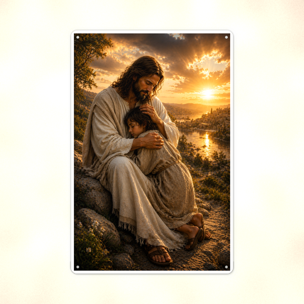 Jesus Comforting A Child - Christian Metal Sign 8x12 & 12x18 — Print detail
