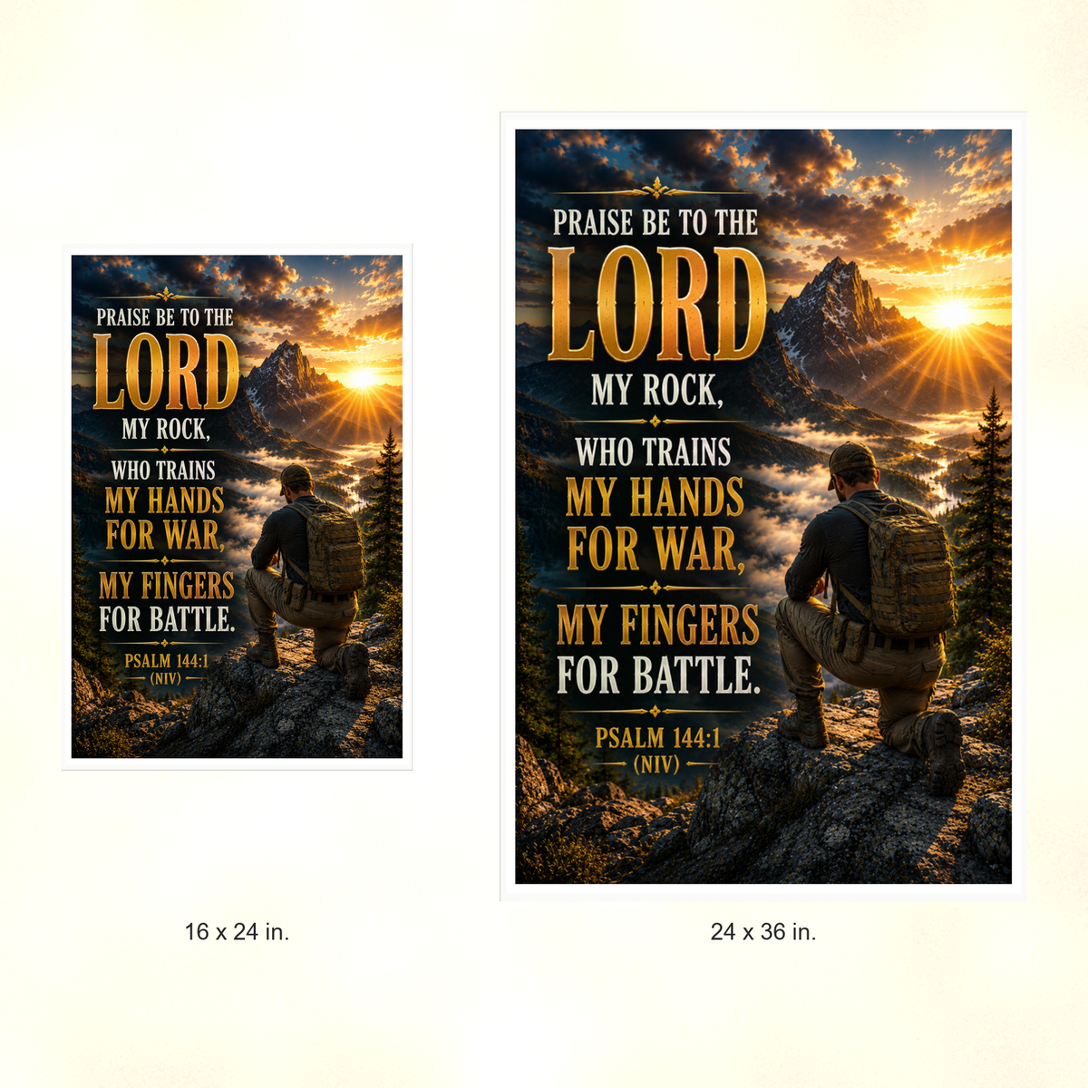 Poster size comparison: 16 x 24 inches and 24 x 36 inches, unframed.