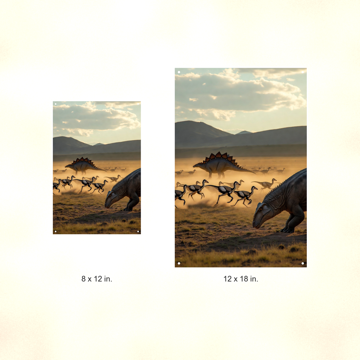 Dinosaur Herd Plains Scene - Metal Sign 8x12 & 12x18, Aluminum Decor — Size options comparison