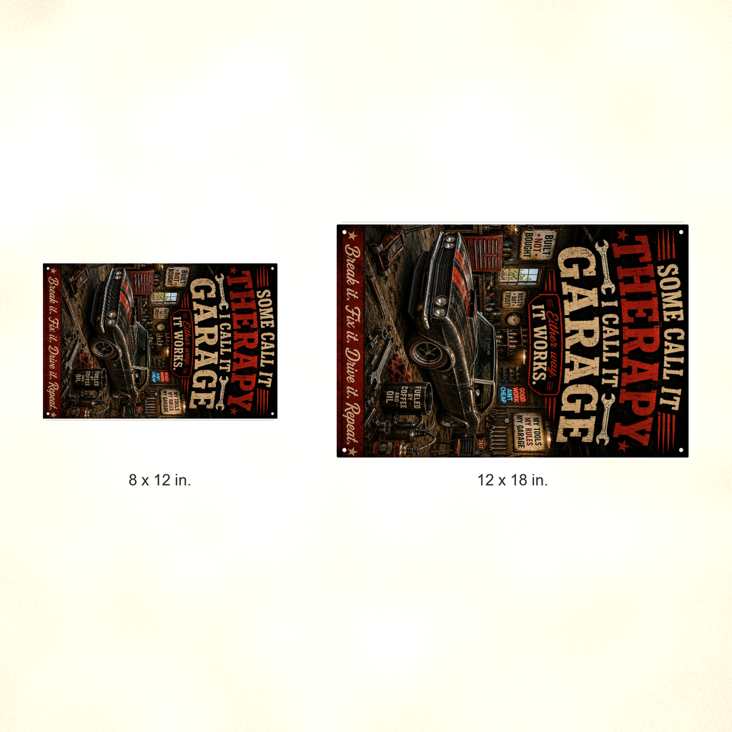 Some Call It Therapy, Garage Works Either Way - Funny Metal Sign 8x12 & 12x18 — Size options comparison