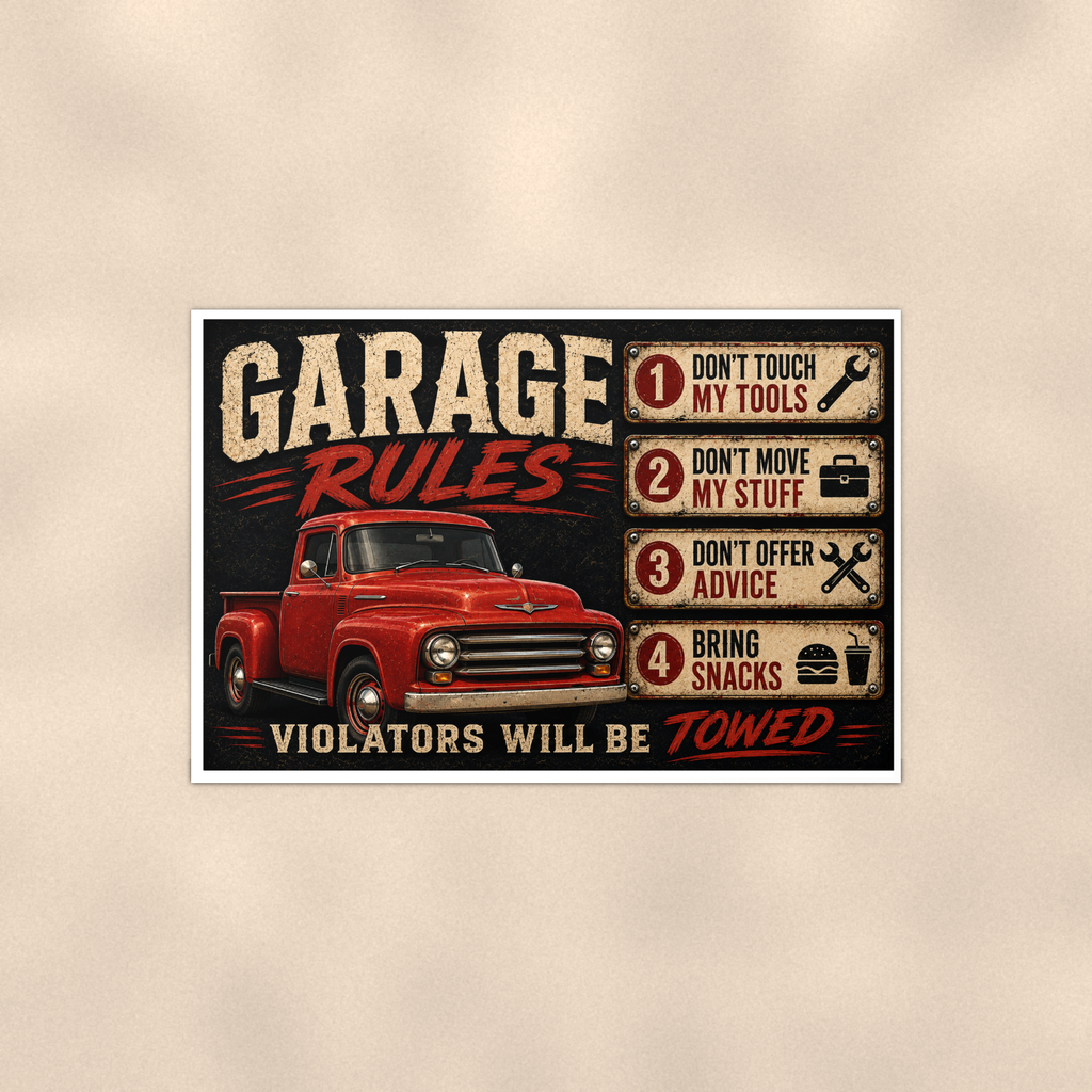 Garage Rules - Bring Snacks, Violators Towed, Funny Poster 16x24 & 24x36 — Full product view
