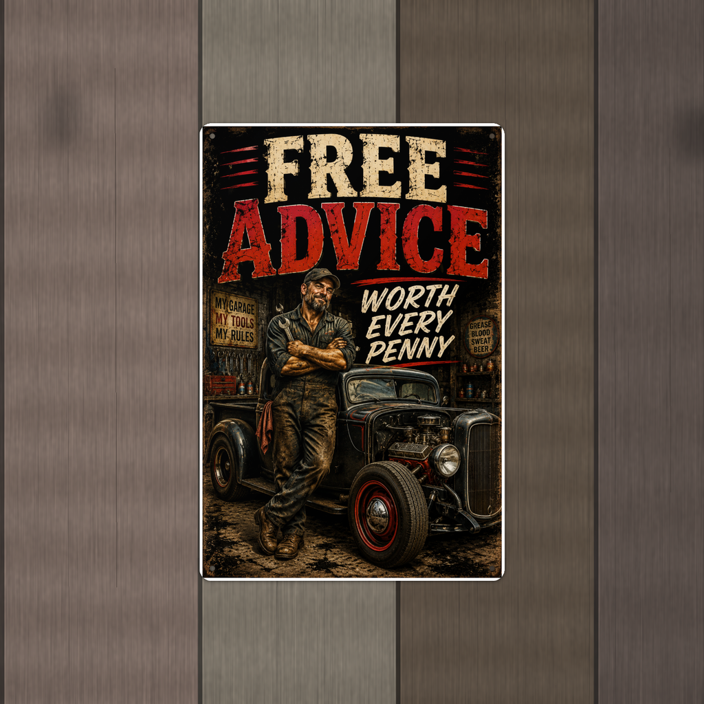 Free Advice Worth Every Penny - Funny Garage Metal Sign 8x12 & 12x18 — Alternate wall view