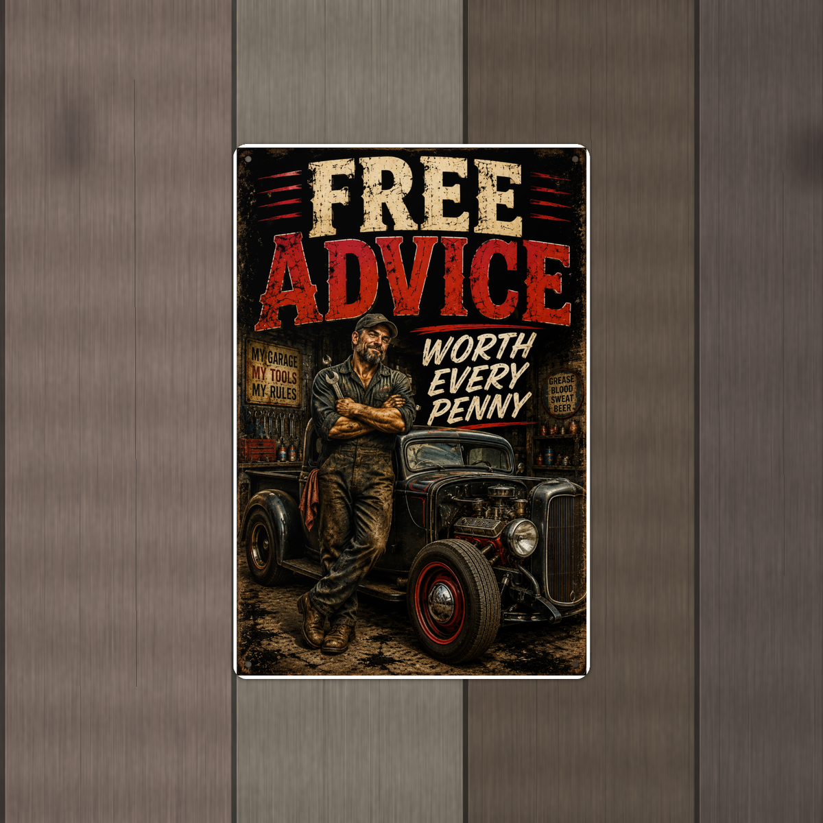 Free Advice Worth Every Penny - Funny Garage Metal Sign 8x12 & 12x18 — Alternate wall view