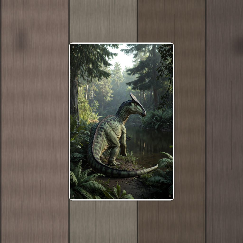 Crested Dinosaur River Scene - Metal Sign 8x12 & 12x18, Aluminum Kids Room Decor — Alternate wall view