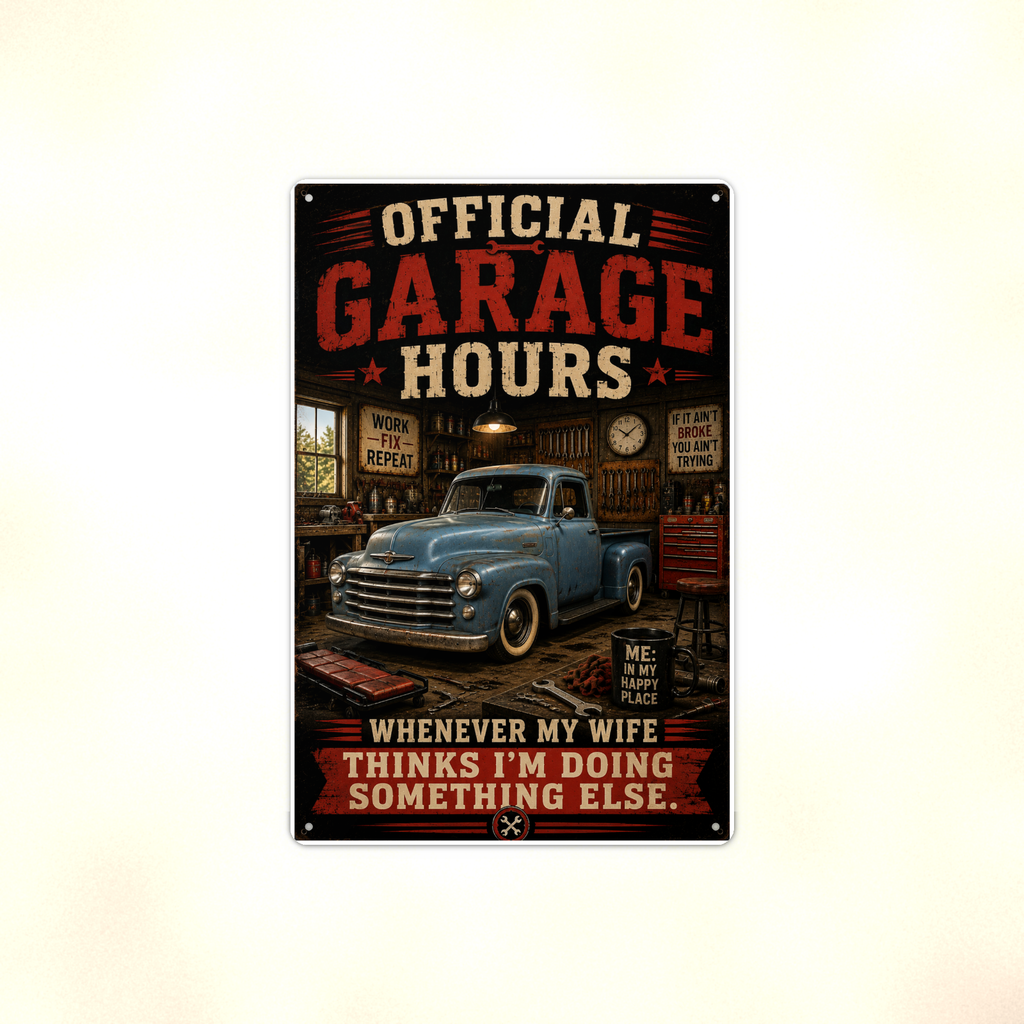 Official Garage Hours - Wife Thinks I'm Elsewhere, Metal Sign 8x12 & 12x18 — Full product view