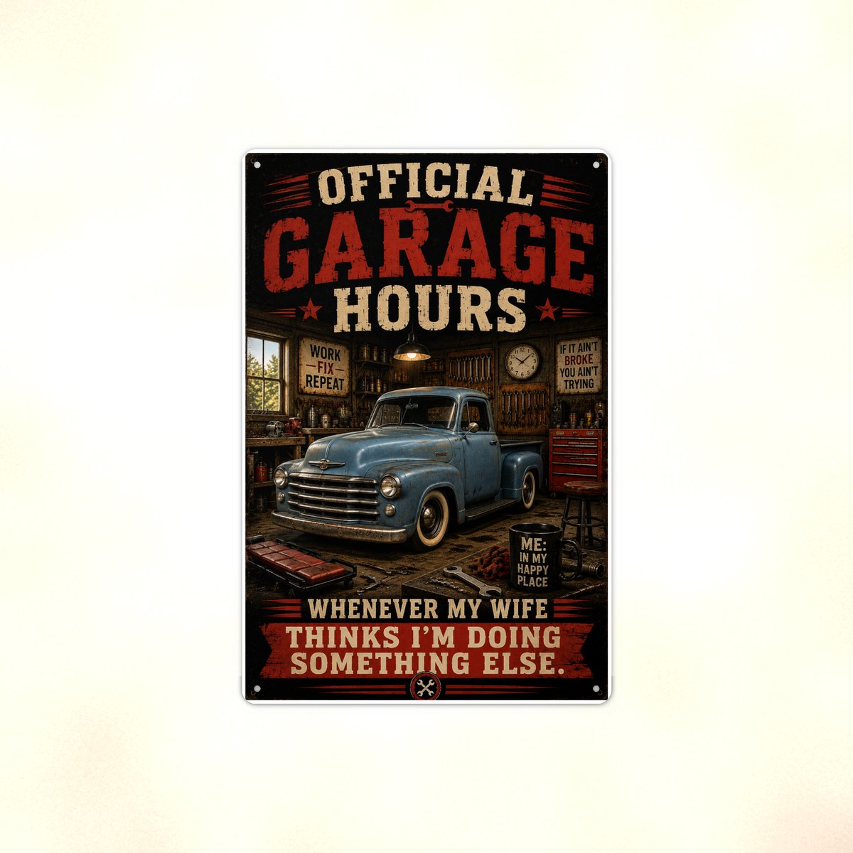 Official Garage Hours - Wife Thinks I'm Elsewhere, Metal Sign 8x12 & 12x18 — Full product view