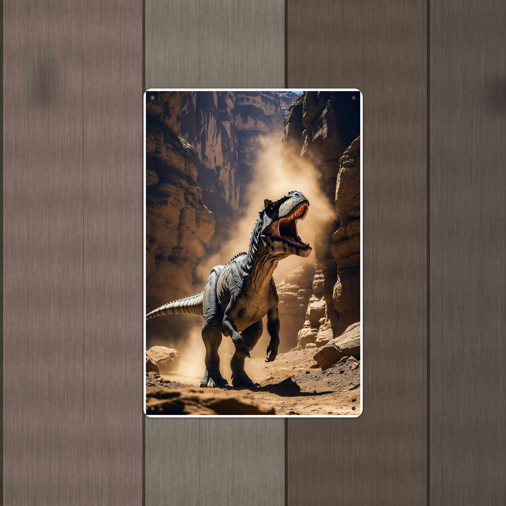 Roaring Dinosaur Canyon Scene - Metal Sign 8x12 & 12x18, Aluminum Decor — Alternate wall view