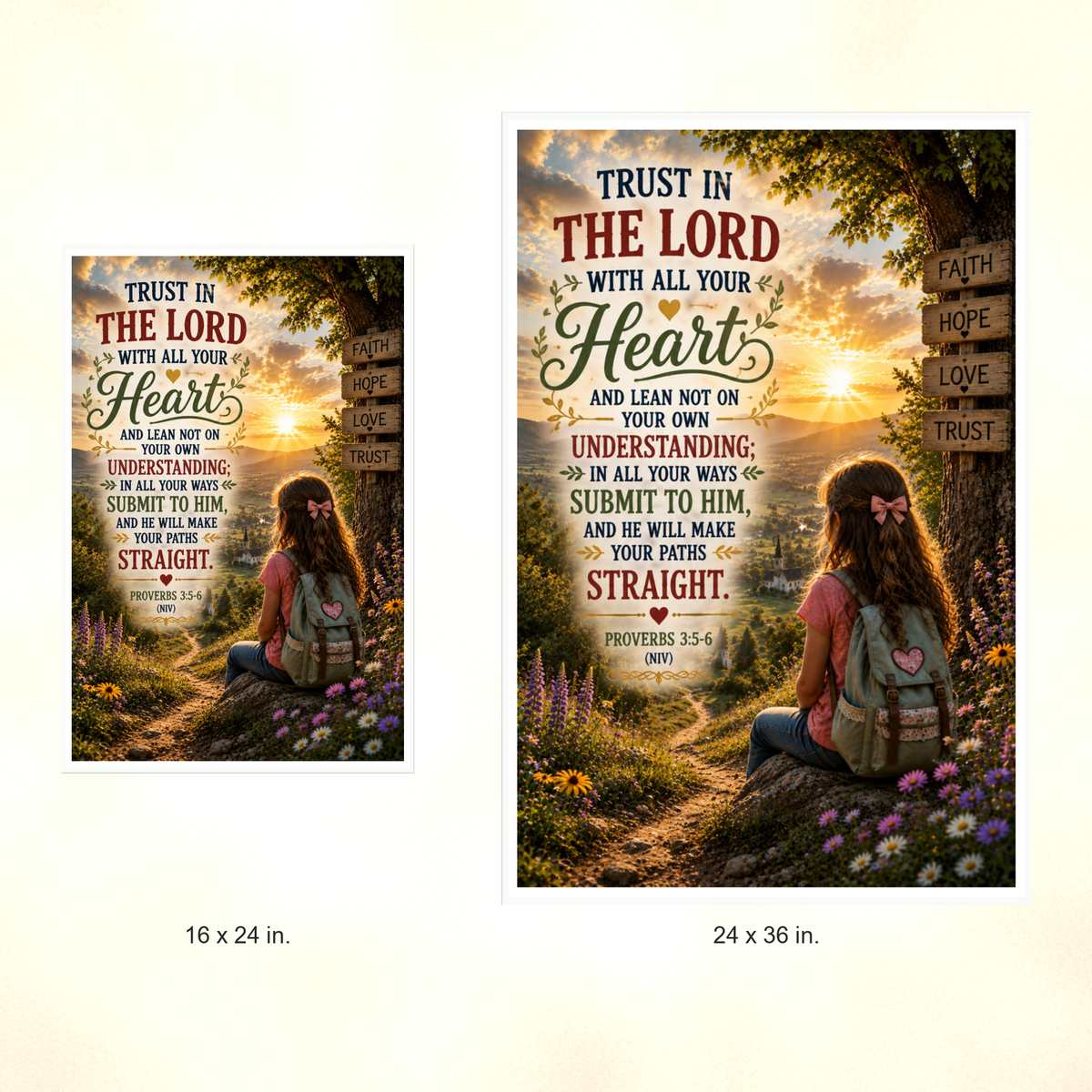 Poster size comparison: 16 x 24 inches and 24 x 36 inches, unframed.
